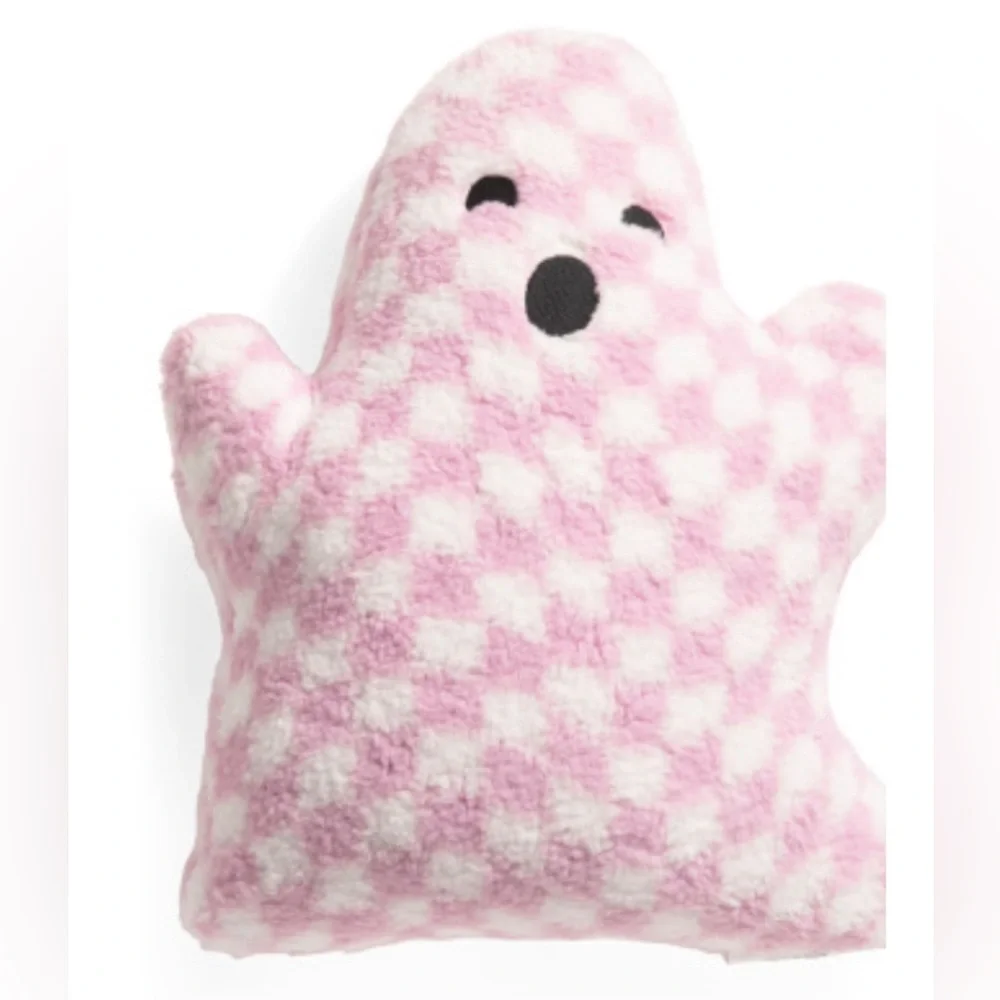 NEW NWT Novogratz Halloween Ghost Pillow Checkered Pink & White Sherpa